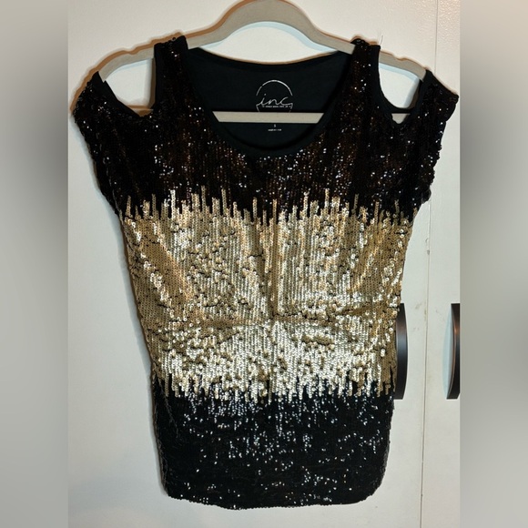 INC Women’s Black Gold Sequin Cold-Shoulder Short Sleeve Evening Party Top Small - Picture 1 of 6